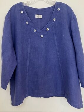 Mosaic Top XL Blue 100% Linen Pullover 3/4 Sleeve Lagenlook Blouse Coastal Art